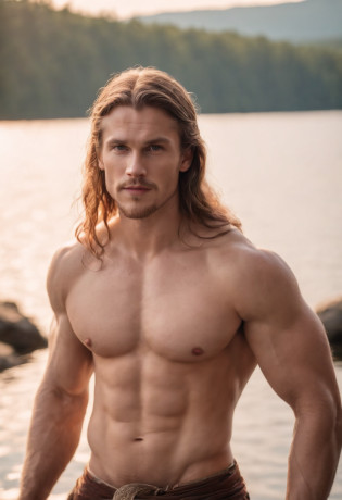photo of muscular Viking with large penis, topless, shirtless, barechest, warm summer evening, lake background, dramatic light, very handsome, long hair