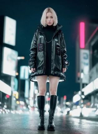 wide angle, full-length picture, realistic footwear, (masterpiece:1. ), (best quality:1), (ultra highres:1), (photorealistic:1), (8k, RAW photo:1), (sharp focus:1), 1girl, Storm, Rain, movie Jacket coat, Futuristic sci-fi fashion, cyberpunk, neotokyo, synthwave, aesthetics, futuristic, low-emission-neon, bladerunner movie scene, symmetrical eyes, ultra highres, photorealistic, 8k, hyperrealism, dramatic lighting, photography