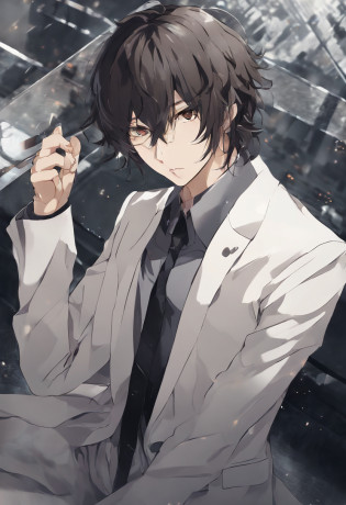 (best quality,highres,masterpiece:1.2),ultra-detailed,(realistic:1.37),(intense, dramatic) Dazai character, (fierce, determined) expression, (sharp, penetrating) eyes, (thin, sharp) lips, (well-groomed) hair, (slightly messy, wind-blown), (modern detective) attire, (tailored, fitted), (dark, stylish) suit, (accentuated) shoulders, (mid-action), (energetic) dynamic pose, (pointing) a gun, (frozen in motion), (suspenseful), (tense), (mysterious) background, (dark, ominous) lighting, (subtle, shadowy) atmosphere, (film noir) style, (strong, high contrast), (black and white) color palette, (fine, detailed) texture, (dramatic, intense) perspective, (crisp, defined) edges, (foreboding), (filmic quality), (cinematic).

Here's a build breakdown description?

- Dazai character: Osamu Dazai as the protagonist?This Chinese topic needs to be translated into English?In prompt?Add the Dazai character as the main body of the screen?
- best quality, highres, masterpiece:1.2: A description of the image quality?Use these words to improve the quality of your images?Set the image quality to high resolution and extremely detailed?This will result in an unparalleled masterpiece?
- realistic:1.37: Further enhance the fidelity of your images?Depict the Dazai character in a more realistic way?
- intense, dramatic: Describe the overall vibe?Make the picture appear tense and dramatic?
- fierce, determined: Describe the look of Dazai's character?Emphasize its firmness and determination?
- sharp, penetrating: Describe D