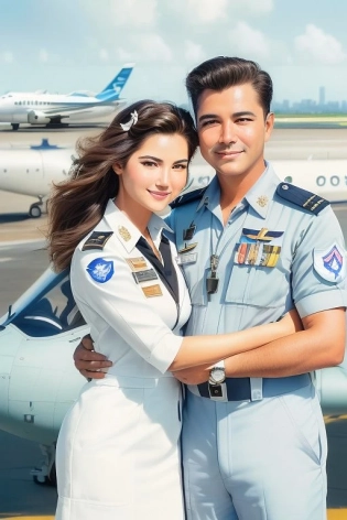 Masterpiece, best quality, (Funny man| pilot of a civil aircraft stands in an embrace next to a beautiful stewardess:1. 2), (tousled hair:1. 1), (the airport of a tropical country in the background:1. 2), incredible detail, highly detailed, composition, ultra-detailed, light leaks, trending on artstation, sharp focus, Absurdres