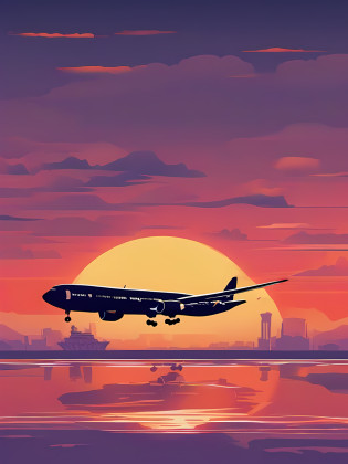 Illustration inspired by the opening of the Friday Roadshow?Location?Mare?At the venue?A ship is passing by?Big sunset on the horizon?Very big sunset?A passenger plane is passing in front of the setting sun?Silhouette of a passenger plane?Airliners are?B-747?Dyed background of sunset?Very nicely dyed background?