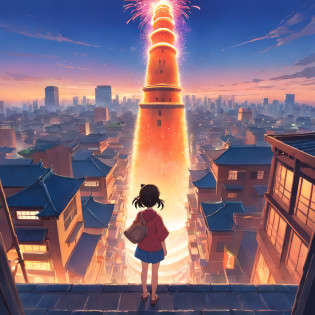 Chinese antique architecture?the street?fire works?edgBunny?full moon?Moon cake?Mid-Autumn Festival?Matte painting, Highly detailed, Dynamic lighting, Cinematic, Realism, Realistic, photoreali, Sunset, Detailed, High contrast, denoised, Centered, Little girl standing above a city tower