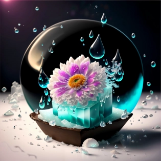 Beautiful flowers and a blob object frozen in a block of ice, the ice block is broken into thousands of pieces by an explosion, the ice block breaks into thousands of pieces, emanating smoke of different colors like flowers and many drops of ice. , isolated on black background, 8k, UHD, HDR, (Masterpiece:1. 5), (best quality:1. 5), Model: VinteProtogenMix v2. 0