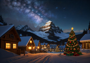 Snow-capped mountain village?Christmas tree and a mountain in the background, snowy winter christmas night, Christmas evening, Winter nights, fantasia de cena de inverno, nightime village background, snowy night, 3d rendered matte painting, highly detailed scenario, 4k highly detailed digital art, Under the silent night sky, Beautiful digital artwork, Arte conceitual de inverno, Christmas, Glowing lights! Digital painting