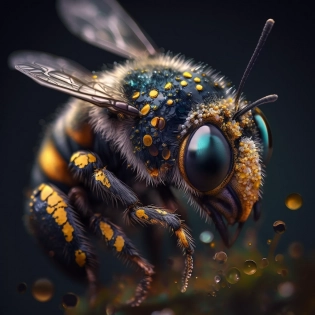 an ultra realistic macro photo of a portrait of a robotic bee with pollen