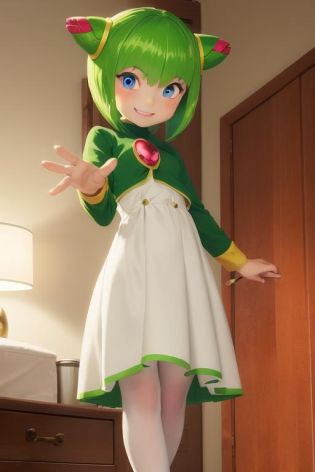 1girl, sthcosmo, seedrian, blue eyes, cone hair bun, green hair, short hair, green dress, red gemstone, standing, smile, looking at viewer, bedroom <lora:cosmo:1>