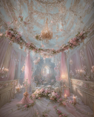 Close-up of a room with lots of flowers on the ceiling, fantastic atmosphere and drama, fantastic aesthetics, dreamy and detailed, very magical and dreamy, atmospheric beautiful details, neo-Rococo expressionist style, ethereal fairy tales, dreamy atmosphere, fantasy aesthetics! , fantastic scenes, fairy tale aesthetics, fantastic ethereal atmosphere, incredibly ethereal, beautiful aesthetics, ethereal and dreamy themes, rococo gorgeous style, pink yarn, lace, flower ground, blue light quality, 8k,