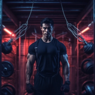 187 Height, muscular hunk, short black hair, clear and handsome, facial expression, red eyes, holding gym equipment, 8K picture quality, movie lighting, powerful picture sense, surrealism. --v 5. 1