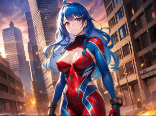 Helena in detailed Spider-Man costume, medium breasts, superhero pose, standing in ruined city at sunset, smoke, sparks, (8k), scratches, full body shot, close-up, detailed face, blue hair, purple eyes, long hair,