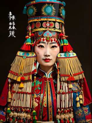 A woman wearing a headdress in traditional Chinese clothing, Traditional beauty, a young woman as genghis khan, empress, traditional garb, traditionalcostumes,  Western Mongolian fashion, she is dressed in shaman clothes, A princess, traditionalcostumes, Traditional clothing, traditional makeup, Traditional Chinese clothing, headdress, Chinese woman