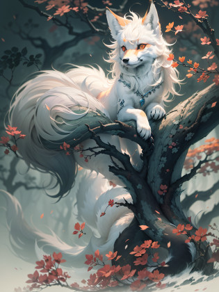 Drawing of a fox with white hair sitting on a branch, ethereal fox, nine-tailed fox, fox three-tailed fox, onmyoji detailed art, nine-tailed, beautiful artwork illustration, mythological creature, fox, beautiful Digital artwork, exquisite digital illustrations, mizutsune, inspired by mythical creatures Wildnet, digital art on pixiv, strong light, high contrast, horror movie theme, dark atmosphere