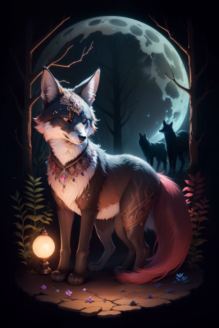 a very cute, (maned wolf cat forest fox hybrid animal), solid rich deep brown fur color, very dark forest trail, multi-shades of maroon night flowers that border the trail, wearing a glowing enchanted gemmed collar with bioluminescent blue diamond collar pendant, bioluminescent, full moon-lit, iconography, hints of maroon color, ultra detailed, beautiful and aesthetic, High quality, beautiful, masterpiece, best quality, (zentangle, mandala, tangle, entangle :0.6), 24k resolution, photorealistic.