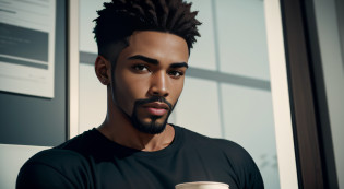 (1 young black man),The face of this young black youtuber is expressive and striking, with strong features and a confident expression. His skin is well groomed and his short, well-made beard complements his modern and cool look. His dark eyes are piercing and convey mystery and suspense, which helps create an atmosphere of tension in his videos of urban legends. His posture is relaxed and secure, which shows his confidence in front of the cameras and contributes to creating a strong connection with his audiencebetter quality, high detail, incredibly delicate and beautiful illustration He is wearing an ordinary red T-shirt and jeans, which reflect his practical and cool style. Its leather strap adds a touch of style to its simple, relaxed look. His short black hair, short beard and light brown eyes catch the attention of his followers, while he holds a cup of hot coffee in one hand and a microphone in the other. He is focused and determined to create quality content for his audience while keeping his posture safe and relaxed, which contributes to creating a strong connection with his followers. In short, he's a successful YouTuber, known for his exciting and engaging urban legends, and his stripped-down style adds a personal touch to his content. High quality 4k image