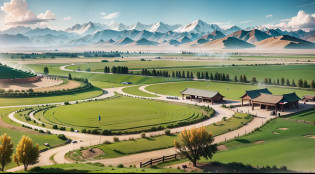 In the Xinjiang grassland, a horse farm for tourists to play, there are rest areas, you can choose horses in the stable, there are outdoor horse fences, for tourists to experience feeding, learn about horse maintenance, there is an open racetrack, there are horse performances, and experience the fun of grassland horse riding