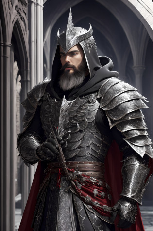 extremely detailed 8k wallpaper), intricate, highly detailed, dramatic, The Dragon Lord wears highly detailed black steel shoulder pads that look like dragon heads and are adorned with shimmering silver trimmings and ornaments, an overlying gray cloak with an extremely beautifully detailed large hood that goes deep drawn into the young bearded face, extremely detailed gray feathered wings with translucent velvety red membranes, insanely realistic graphics, insanely detailed details, ultra realistic and highly detailed heavy black steel armor with lustrous silver glitter detailing on a silver gray tunic, extremely detailed heavy black armor Steel gloves, steel boots with reinforced shiny silver decorations, in a vaulted hall during the leisurely stroll through the somber cathedral on a red velvet carpet, (shown perspective from above) during the passage of a sombre, multi-windowed vaulted passageway through the gleaming light falls,