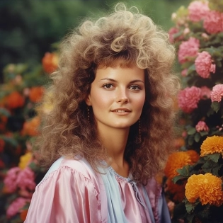 beautiful woman from 1985, portrait, 1985 hairstyle, big hair, 1980's make up , standing in a garden bursting with flowers Paulina G�ra, Rachel Ruysch