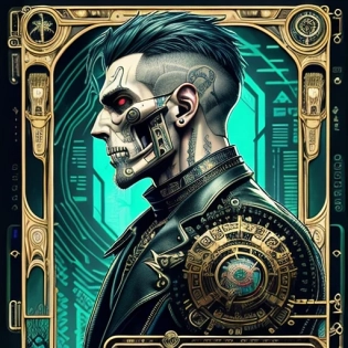 male man, guy, tarot card with intricate detailed frame around the outside | side profile of cyberpunk body with cyborg skull | cyberpunk | styled in Art Nouveau | insanely detailed | embellishments | high definition | concept art | digital art | vibrant| snthwve style