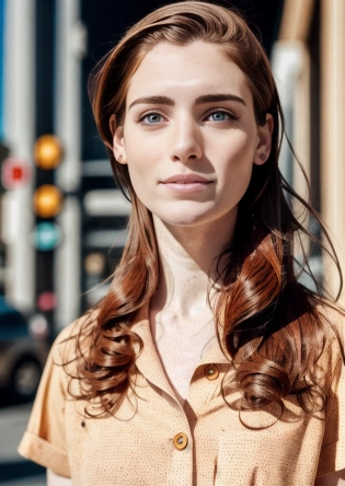 shopping mall, (tall hourglass figure:1. 3), narrow set eyes, 45yo pale woman walking down sidewalk, no makeup, yellow button up shirt, shy expression, eyes of jade, fiery red hair, wavy hair, perfect body, big lips, stoic facial features, turned away from camera, big busy city on background, heavy lights, caustic, volumetric lighting, real life, highly detailed, zoom out, photography, Kodak Portra 400, 8k, --ar 3:00 --s 750, <lora:cyberrealistic_v31:1> subtle body hair, (freckles:1. 5), peach fuzz, facial wrinkles