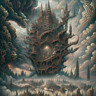 This horror art illustration features a hyper-detailed, mythical landscape viewed from a wide angle top-down perspective. The scene depicts a chaotic urban city surrounded by thorns and a polluted river leading to a morbid waterfall. The sky is filled with polluted madness, adding to the eerie and haunting atmosphere of the piece. The artwork was created through a collaboration between artists Michael Whelan, Dan Seagrave, and Marcos Miller, showcasing their combined skill in the production of surrealistic and horror elements. The intricate details throughout the artwork make it a hyper-detailed and haunting portrayal of a polluted and dystopian world.