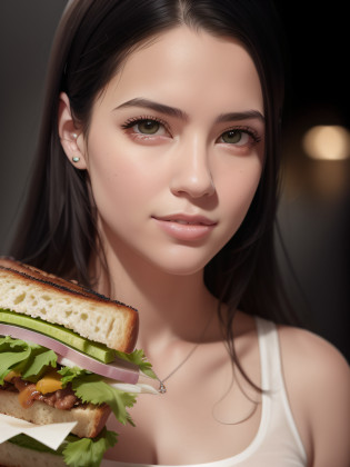 araffe woman holding a sandwich with meat and cheese on it, sandwich, retrato closeup, foto de retrato em close-up, advertising photo, close up foto de retrato, fechar retrato, retrato detalhado, close - foto retrato acima, menina atraente, Alimentos comerciais 4K, foto de retrato detalhada, retrato de alta qualidade, imagem retrato, mulher atraente, propaganda de alimentos