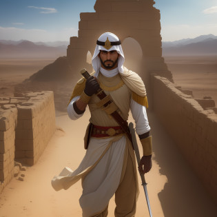 Step into the world of valor and courage with a captivating prompt featuring an Arab soldier wielding a gleaming sword. This evocative image depicts the soldier in the midst of an epic battle, standing tall and resolute. Clad in traditional armor that reflects the rich history and culture of the Arab region, the soldier exudes an aura of strength and determination.

The sword, held firmly in the soldier's hand, catches the light and glints with a sense of purpose. Its blade, carefully crafted with intricate details, symbolizes the soldier's unwavering commitment to protect and defend. With a backdrop of desert landscapes or ancient ruins, this scene immerses you in the timeless heritage of the Arab warriors.