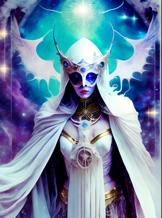 a stern Eldritch ancient god in the storm at night, draped in cloak of stars, [[Sophia Anne Caruso]], [Zendaya], translucent ivory masquerade mask of Eldritch horror, erotic pose, closed eyes, cinematic lighting, (by (Daniel Mernagh) (Carne Griffiths) Monika Nowak), highly detailed, detailed face, soft body, alien