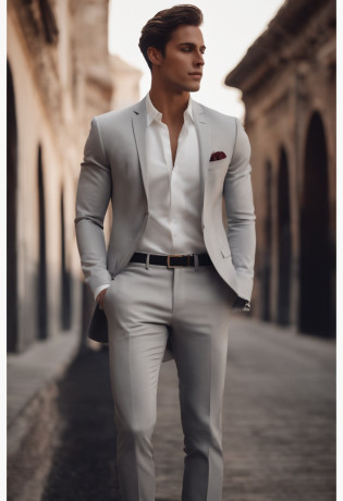 Jordan Barret model, light grey T-shirt, formal pants, formal pants, pov 1:5