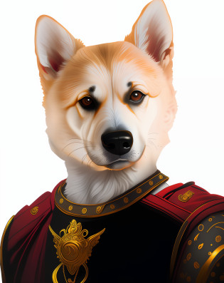 painting of a dog wearing a dress with a leash and a tiable, Majestade em roupas nobres, Retrato real na (Cor vermelha: 1.2), oil painting of princess vulvine, Retrato pintado de Odin acidentado, Retrato imperial, retrato detalhado, Aristocrata digno, retrato altamente detalhado, Pintura Retrato Real, Retrato de Zeus acidentado, Pintura digital barroca, retrato de alta qualidade, retrato da princesa, Retrato de uma rainha
