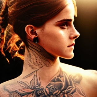 hyper realistic photograph, beautiful portrait of a tattooed Emma Watson, future punk, gold tattoo line, side profile, summer, dramatic light, looking down film grain, Leica 50mm, Kodak portrait 800, chiaroscuro, f1. 4, golden hour �ar 3:4