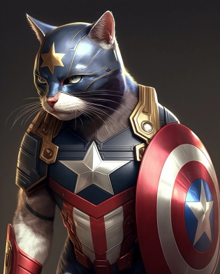 cat head anthropomorphic humanoid body, movie poster, Captain America character with shield, high detail, hyper realistic, octane rendering. --ar 4:5 --no people, girls, men, human faces