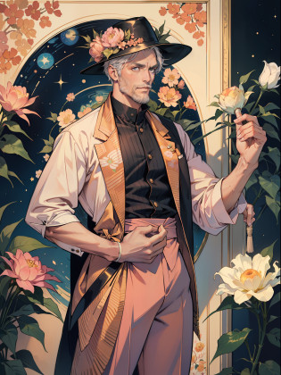Male peach personification, (grandfather:1.1), 1grandfather, neat short beard, gray hair, kind look, old-fashioned clothes, pastel pink shirt dress, knitted diamond vest, light peach pink vest, light coral pattern color, pastel pink trousers, pastel yellow boatman's head hat, hat decorated with peach flowers, peach leaves on the hat, small peach fruits on the hat, grandfather in the hands of a lacquered cane, light wood cane,  a cane decorated with a dark pattern, a pattern of peach leaves on a cane, a peach-colored pattern on a cane, a painting by Van Gogh 