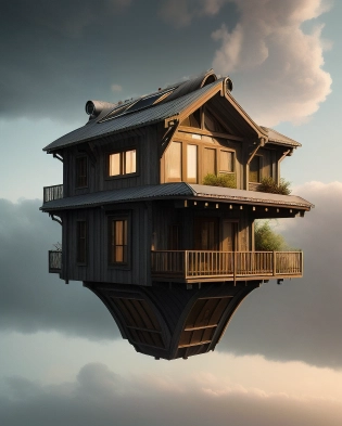 (flying house:1. 1), capsule house, hanging in the air above the ground, front door epic, large glass windows, (apocalypse:1. 2), artstation, high detail, cinematic, epic realistic, detailed, fenghua zhong