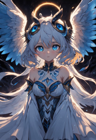 um close up de uma coruja com olhos azuis em um fundo preto, Coruja Radiante, criatura altamente detalhada, intrincado, coruja incandescente, the wisest of all owls, Grande arte digital com detalhes, coruja fofa com olhos grandes