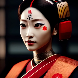 realistic portrait painting of a japanese robotic geisha with kanji symbols and decals, octane render, intricate detail, 4k, unreal engine 5, ex machina, irobot