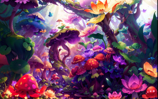 Mushroom forest with glass goblet?s fractal art?morning glory?butterflys?lotuses?four-leaf clover?morning glory?Cyber Mushroom Forest?Ultra-detailed digital fantasy art?Mushrooms are everywhere in the picture?The unique mushroom shape creates a magical casa scene