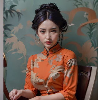 Arad woman in orange dress sitting in chair, Cheongsam, Chinese style, Chinese traditional, Chinese dress, Traditional Chinese clothing, Chinese girl, gorgeous chinese models, with acient chinese clothes, Chinese woman, Traditional beauty, Palace ? A girl in Hanfu, Hanfu, Wearing ancient Chinese clothes, Inspired by Qiu Ying, ao dai