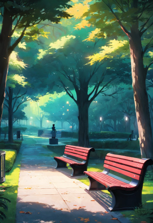 park bench, center, no people, quiet, beautiful park
