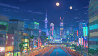 Night view of the city with palm trees and full moon, night cityscape, Shinjuku Station covered with vegetation?naturey?The artwork, fantasy cityscape,distant cityscape, fantasy city background, urban backdrop, distant city, shiny city in the distance, Twilight City in the background, Night city in the background, anime style cityscape