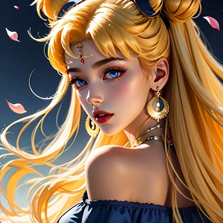1girl, backlighting, bangs, bare shoulders, blonde hair, blue dress, blue eyes, crescent, crescent facial mark, double bun, dress, earrings, facial mark, fashi-g, floating hair, forehead mark, from behind, hagoromo, hair bun, hair ornament, jewelry, lips, long hair, looking at viewer, looking back, necklace, off shoulder, parted lips, petals, sailor moon, see-through, shawl, solo, tsukino usagi, twintails, very long hair, close-upModel: ReV Animated