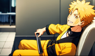 A closeup of a person with a hat, Naruto Uzumaki, Naruto's pain, Naruto's, Naruto's, Naruto's artstyle, happy!, he's sitting in a chair and staring at the wall