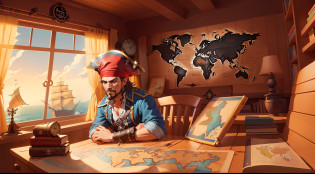 cartoon illustration of a pirate watching a (globe map) in a room with a table and chair, pirate, pirate class swashbuckler, on a pirate ship background, pirate scenery, pirate captain, stylized digital illustration, pirate theme, game illustration, pirates, 2d illustration, 2d illustration, a pirate, background art, flat illustration, 2d digital illustration,  Digital Illustration, (Children's Book Style) -- v6