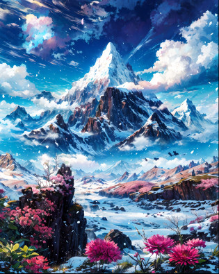 Mountains, flowers and blue sky in the foreground, Majestic mountain?, Epic Mountains, 4K highly detailed digital art, Anime landscapes, Beautiful mountains, Beautiful mountains behind?, snow mountains, anime nature, 8k high quality detailed art, Detailed scenery, snow mountains, epic beautiful landscape, anime landscape wallpapers, In the snowy mountains and ice, scenery art detailed