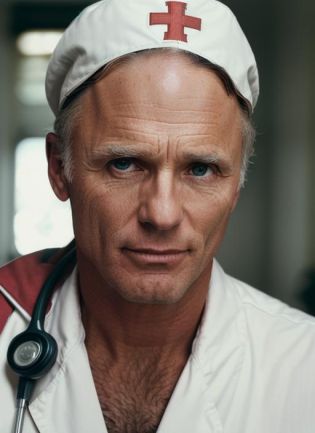 eh1 headshot, man, solo,  man wearing Vintage Nurse Uniform, White Stockings, Nurse Cap, Stethoscope, Syringe Prop , (masterpiece, best quality, ultra-detailed, best shadow), high contrast, (best illumination), ((cinematic light)), colorful, hyper detail, dramatic light, intricate details , ultra detailed artistic photography, dreamy, backlit, shadows, ultra high definition, 8k, ultra sharp focus, ultra high quality model, soft lighting, film photography, analogue photography, hyperrealism,<lora:EdHarris:.85>