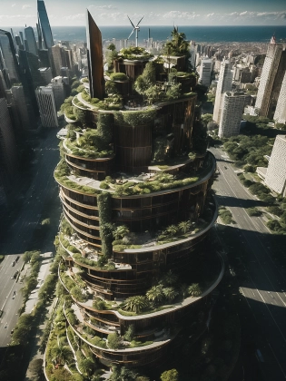 Futuristic: long shot scenic professional photograph of an extraordinary( solarpunk cityscape:1. 4), ((Award-winning masterpiece)), ((stunning solarpunk cityscape)), ((towering vertical spiral gardens)), ((abundant greenery)), ((golden sunlight filtering through solar panels)), ((ecologically sustainable)), ((detailed wind turbines)), ((futuristic city background)), style by Hayao Miyazaki. Nikon D850 and f1. 8 lens, rich colors, hyper-realistic details, lifelike textures, and dramatic lighting. The vibrant contrast and bright ambiance ((Breathtaking artistic achievement)), ((captivating solarpunk cityscape)),