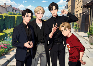 (absurdres, highres, ultra detailed), masterpiece, best quality, 3 man, handsome, black hair, brown hair, casual clothes, background is back alley, best light and shadow, trio friends, 1 black hair man ((sleek hair)), 1 brown hair man ((undercut hair)), 1 blond man ((stylish hair)), tall handsome man, hogwarts vibe, 3 friends, trio friends pose, charming men, (absurdres, highres, ultra detailed, HDR), masterpiece, best quality, anime, Anime cool ((Tall boy)) green eyes, 3rd boy blond hair ((Tall boy)) ((blond hair)) , 3 boys, smile, sunshine, garden, handsome, short hair, looking at viewer, detailed face, ( black shirt ),(red shirt) cool boys, cold male, 8K, Best Quality, Masterpiece, Ultra High Resolution, (Realism: 1.4), Original Photo, (Realistic Skin Texture: 1.3), (Film Grain: 1.3), (Selfie Angle), best friend,Friendship, Trio friends, tall boys, black hair, brown hair,blonde hair.