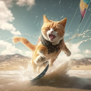 a cat on a kite-surf, full shot, dynamic scene, cinematic --s 500 --c 30