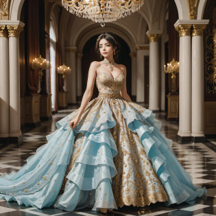 Compose an image featuring a Mexican girl dressed in a magnificent haute couture quincea�era ball gown with a floral waist belt. The gown she wears is a vibrant shade of red, adorned with layers of tulle ruffles, shimmering rhinestones, and intricate gold lace and filigree details. A wide waist belt adorned with fabric flowers cinches her waist and adds a pop of color and texture. Poised elegantly within the luxurious interior of a castle, dramatic cinematic lighting casts enchanting shadows, enhancing her allure. Crystal chandeliers hang delicately from above, casting a warm glow onto the marble floors below. The ornate stairwell adds to the castle's charm. Captured using an 80mm lens on a Sony A7 IV camera, the horizontal image captures the girl's entire form, showcasing the splendor of her haute couture ensemble