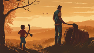 simple boy, father, hilltop, axe, stack of wood, sunny day, beautiful landscape, bonding moment, harmonious colors, natural lighting, joyful expressions, wholesome scene, detailed textures, high resolution, vivid colors, woodcut style, warm color tones, peaceful atmosphere