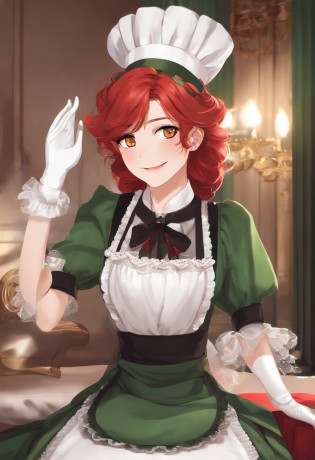 Best quality, Masterpiece, Solo, 1boys,  Smile,Red hair, maid, maid apronl, maid headdress, Green eyes,