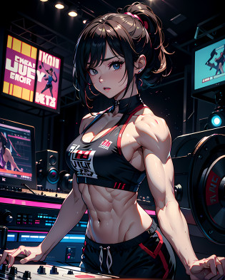 (masterpiece, best quality:1.37), ultra-detailed:1.37, hyper-sharp:1.37, anime style, An illustration of a female bodybuilder with a height of 2m who is DJing while showing off her muscles. The female bodybuilder is 2m tall and has a muscular build. A female bodybuilder wears a tank top and shorts, exposing her muscles. A female bodybuilder is standing in a DJ booth and playing music with turntables and a mixer. A female bodybuilder is playing music while showing off her muscles. Audiences are overwhelmed and go wild with her female bodybuilder muscles. This illustration shows a strong and dynamic representation of a 2m tall female bodybuilder DJing while showing off her muscles. You can clearly see the enthusiastic audience overwhelmed by the muscles of the female bodybuilders.